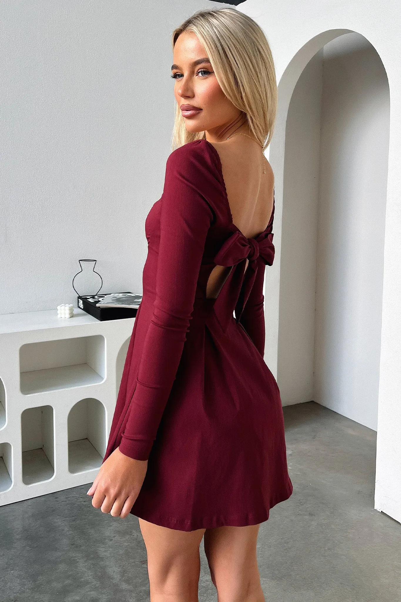 Tabitha Long Sleeve Mini Dress - Burgundy Winter Snow