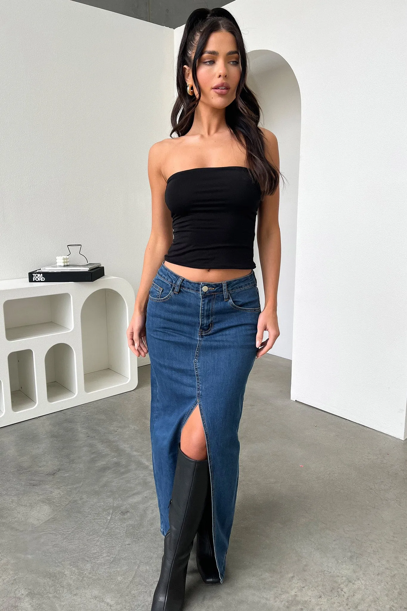 Tahnee Denim Maxi Skirt - Dark Blue Cuffed Look