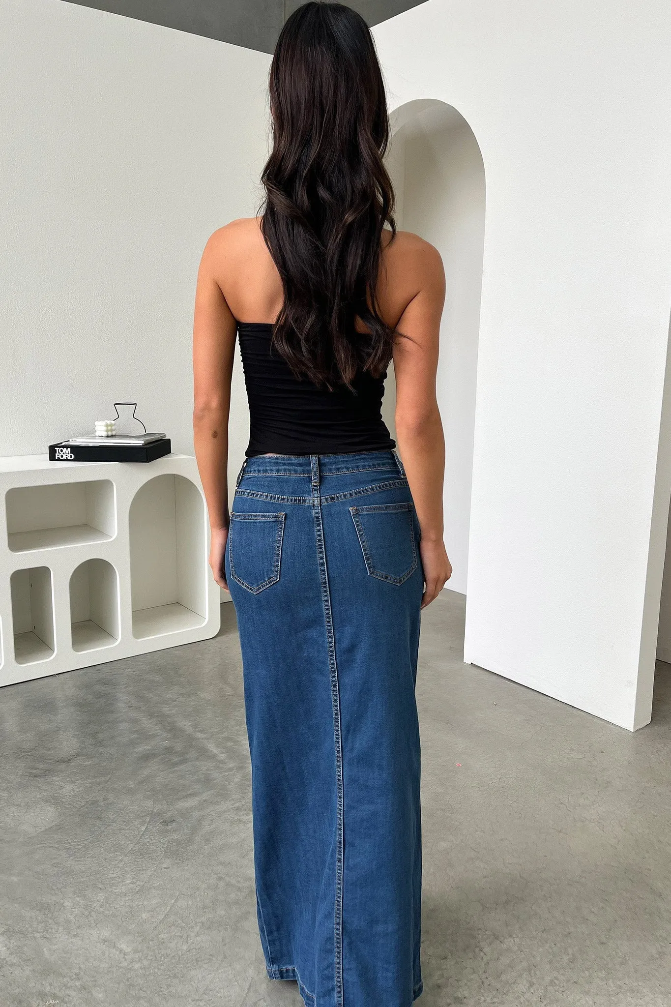 Tahnee Denim Maxi Skirt - Dark Blue Cuffed Look
