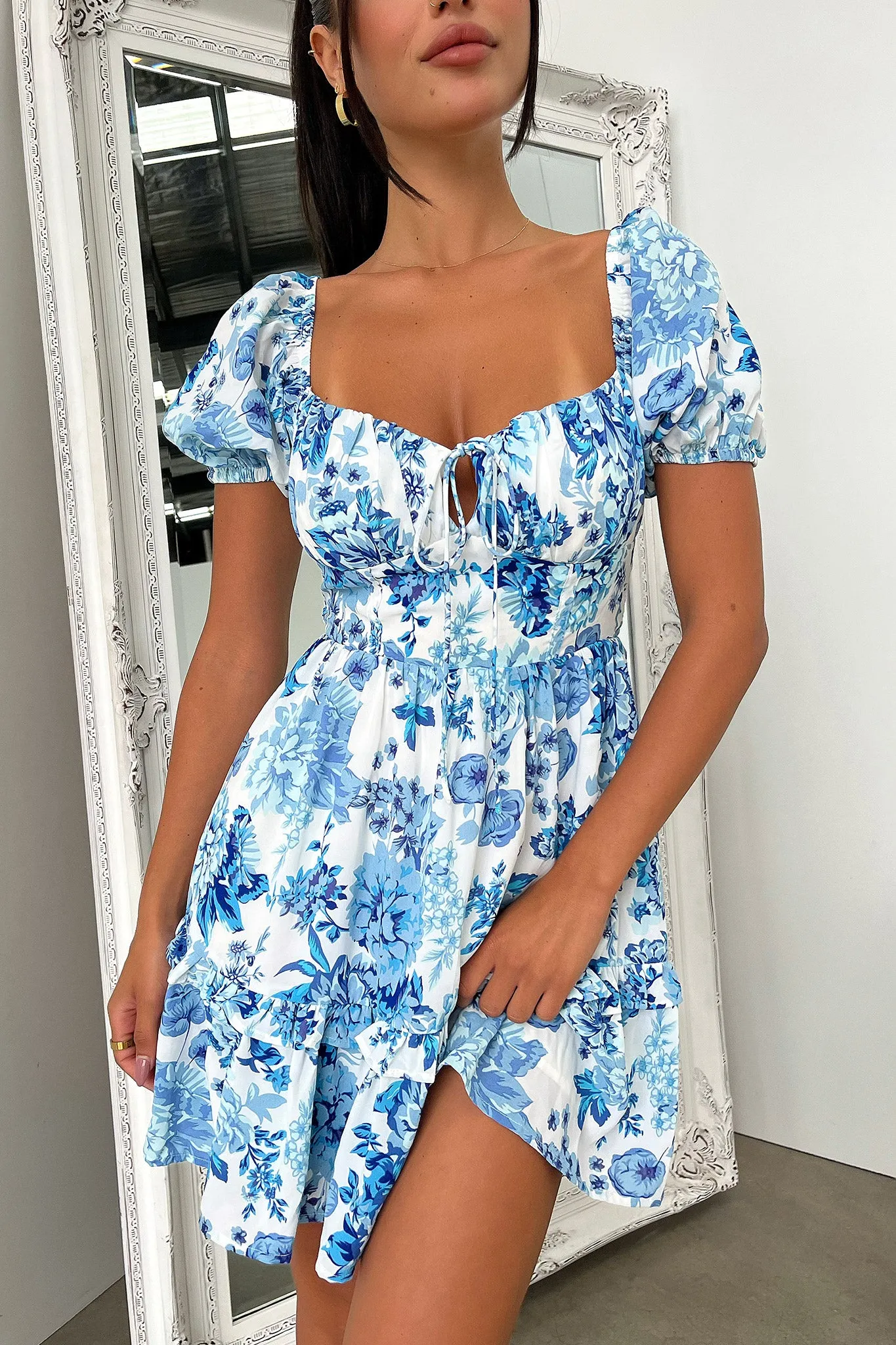 Taleah Puff Sleeve Mini Dress - Blue Floral Dazzle Edge
