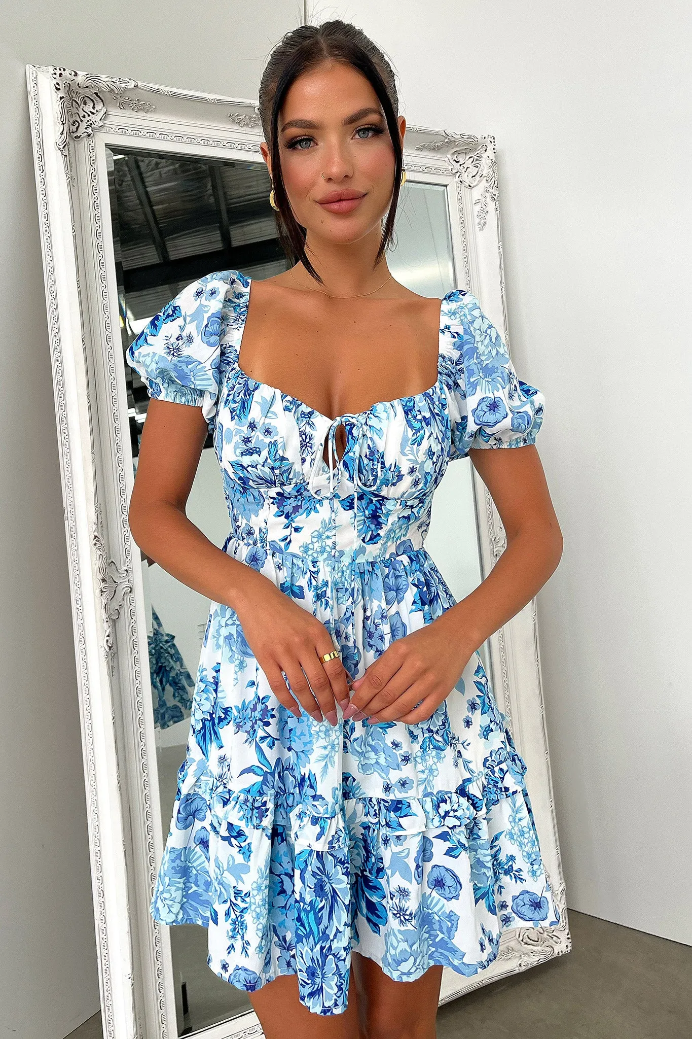Taleah Puff Sleeve Mini Dress - Blue Floral Dazzle Edge
