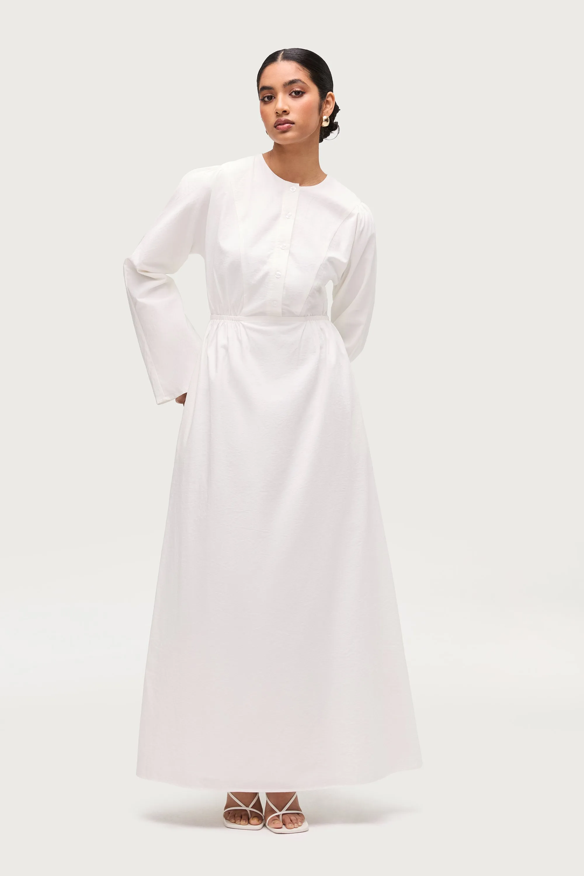 Tassel Detail Cotton Blend Button Front Maxi Dress - White