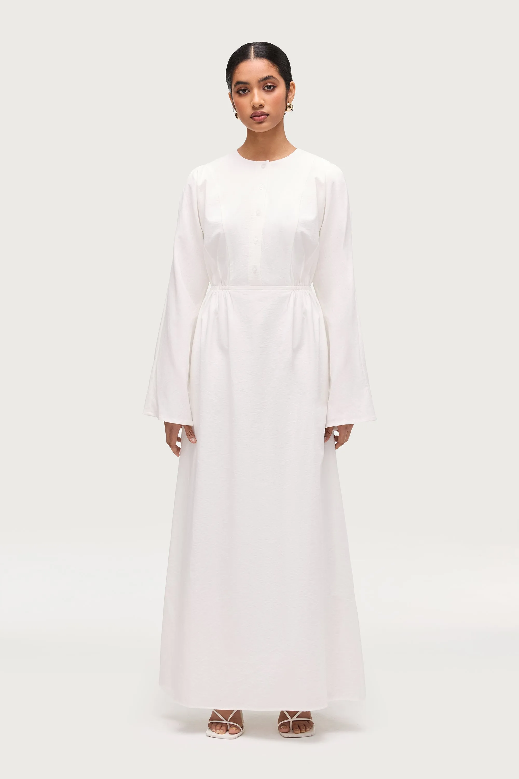 Tassel Detail Cotton Blend Button Front Maxi Dress - White