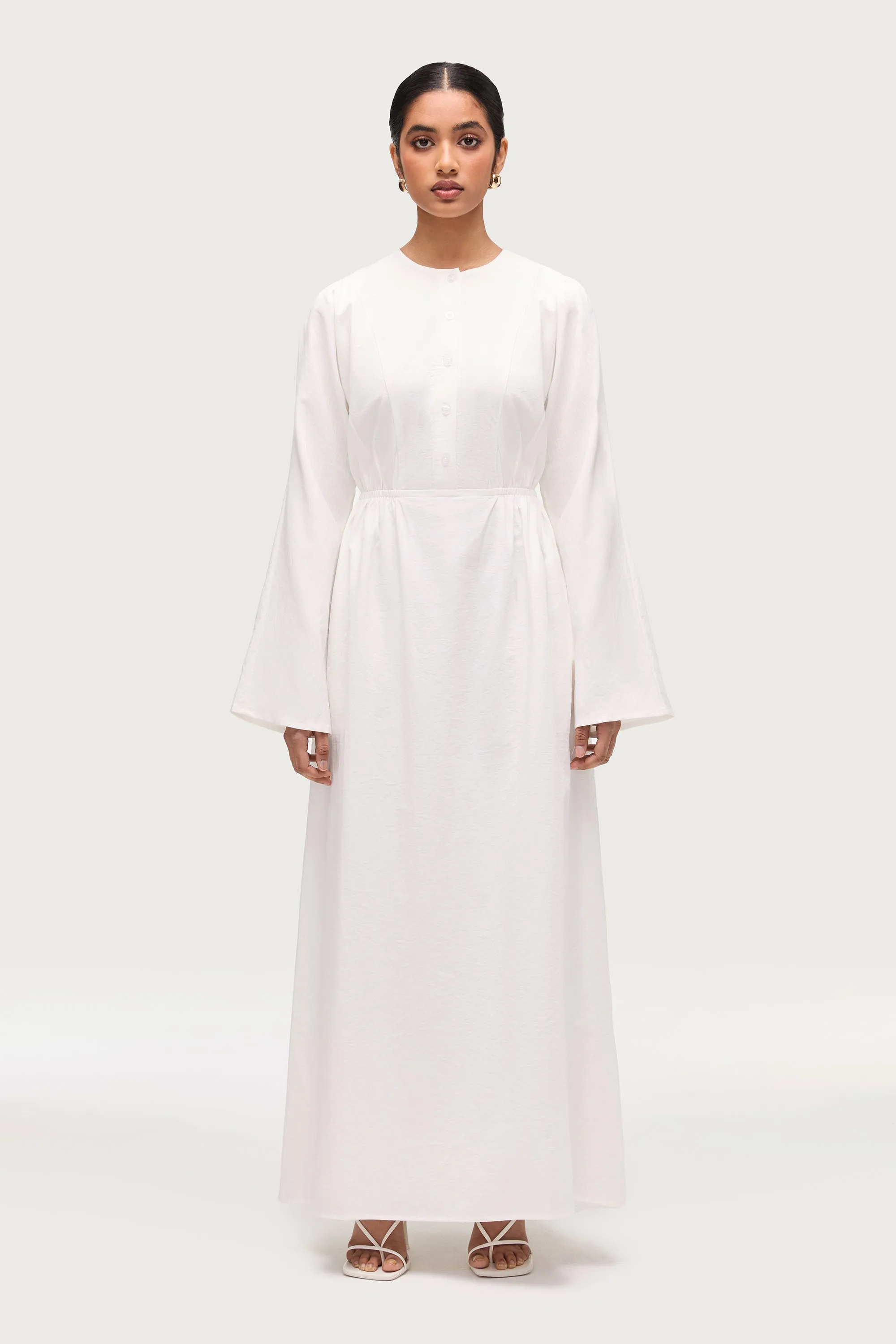 Cotton Blend Button Front Maxi Dress - White Easy Flow