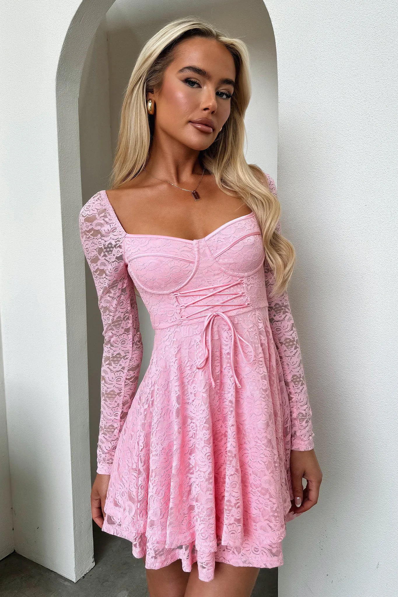 Flirty Fit Tate Long Sleeve Lace Dress - Baby Pink