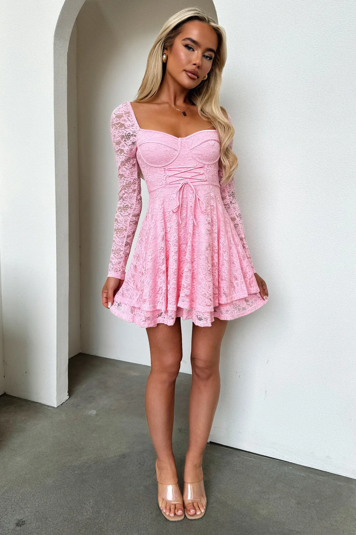 Tate Long Sleeve Lace Dress - Baby Pink Party Kiss