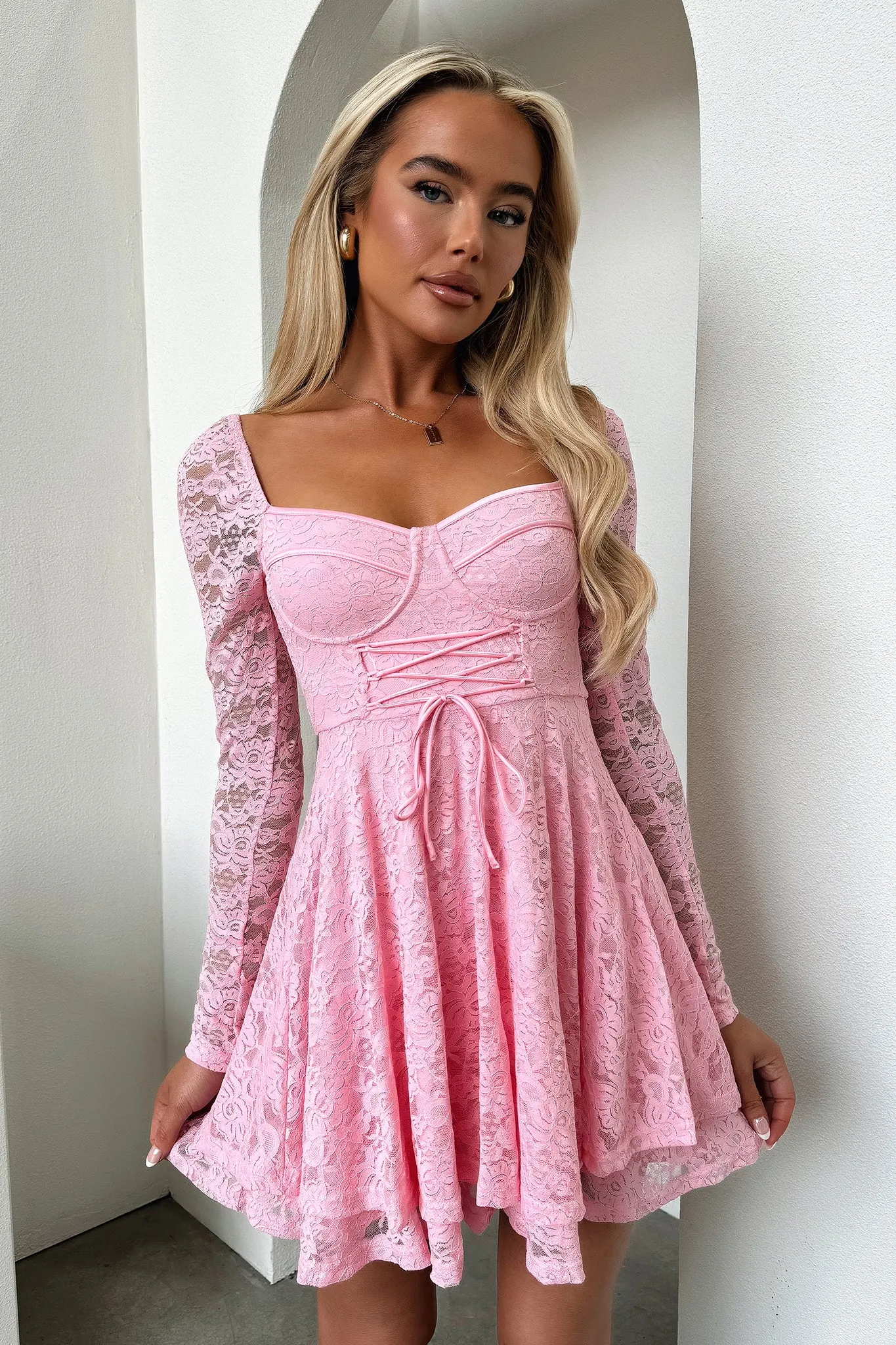 Tate Long Sleeve Lace Dress - Baby Pink Party Kiss