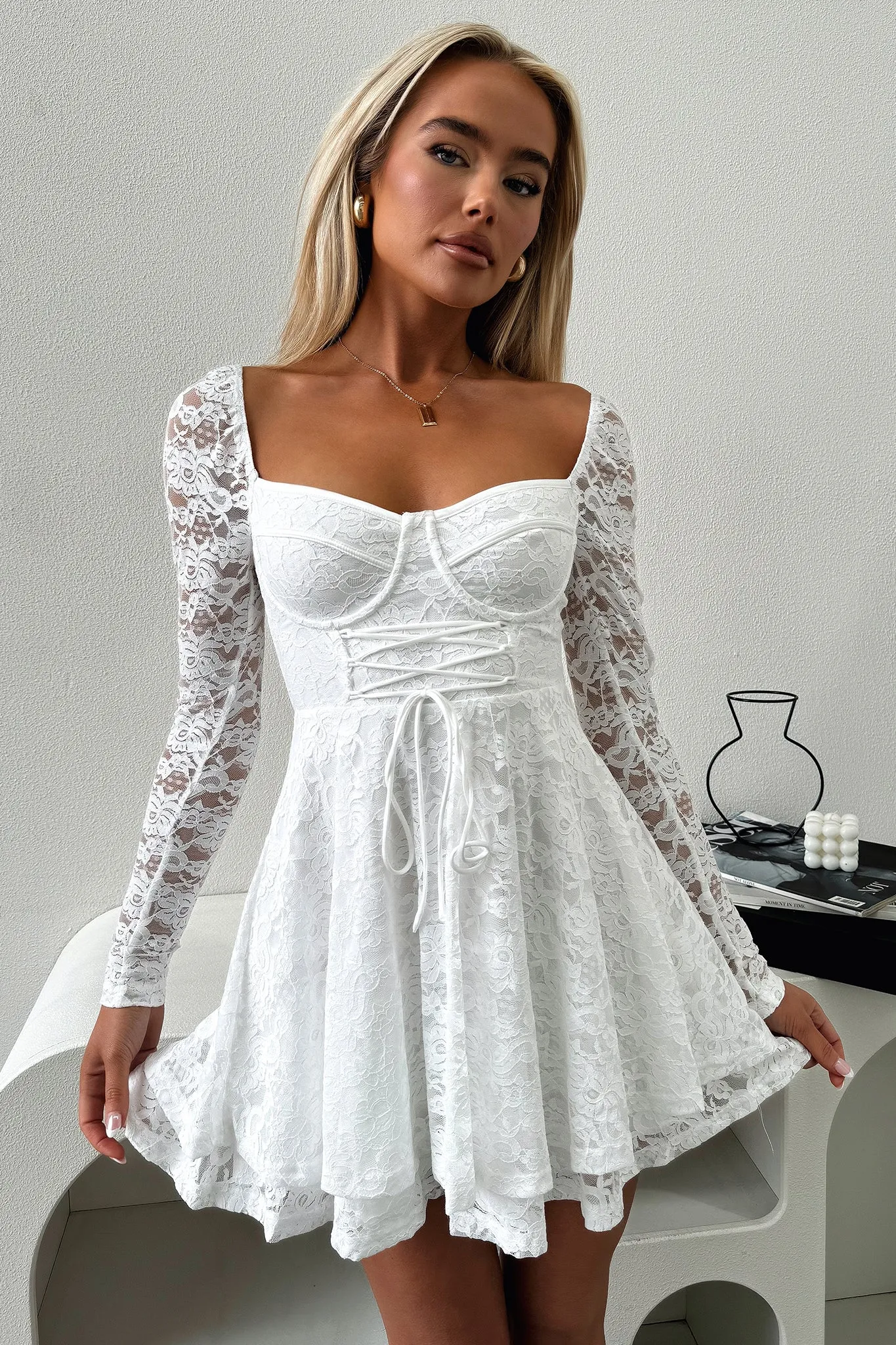 Tate Long Sleeve Lace Dress - White Sun Hour