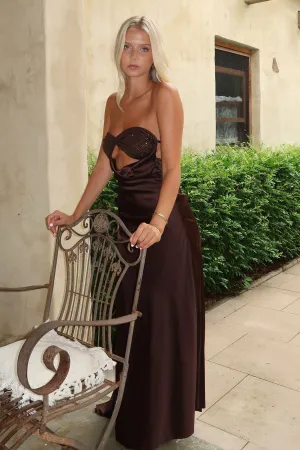 Elegant Charm Thora Strapless Satin Maxi Dress - Brown