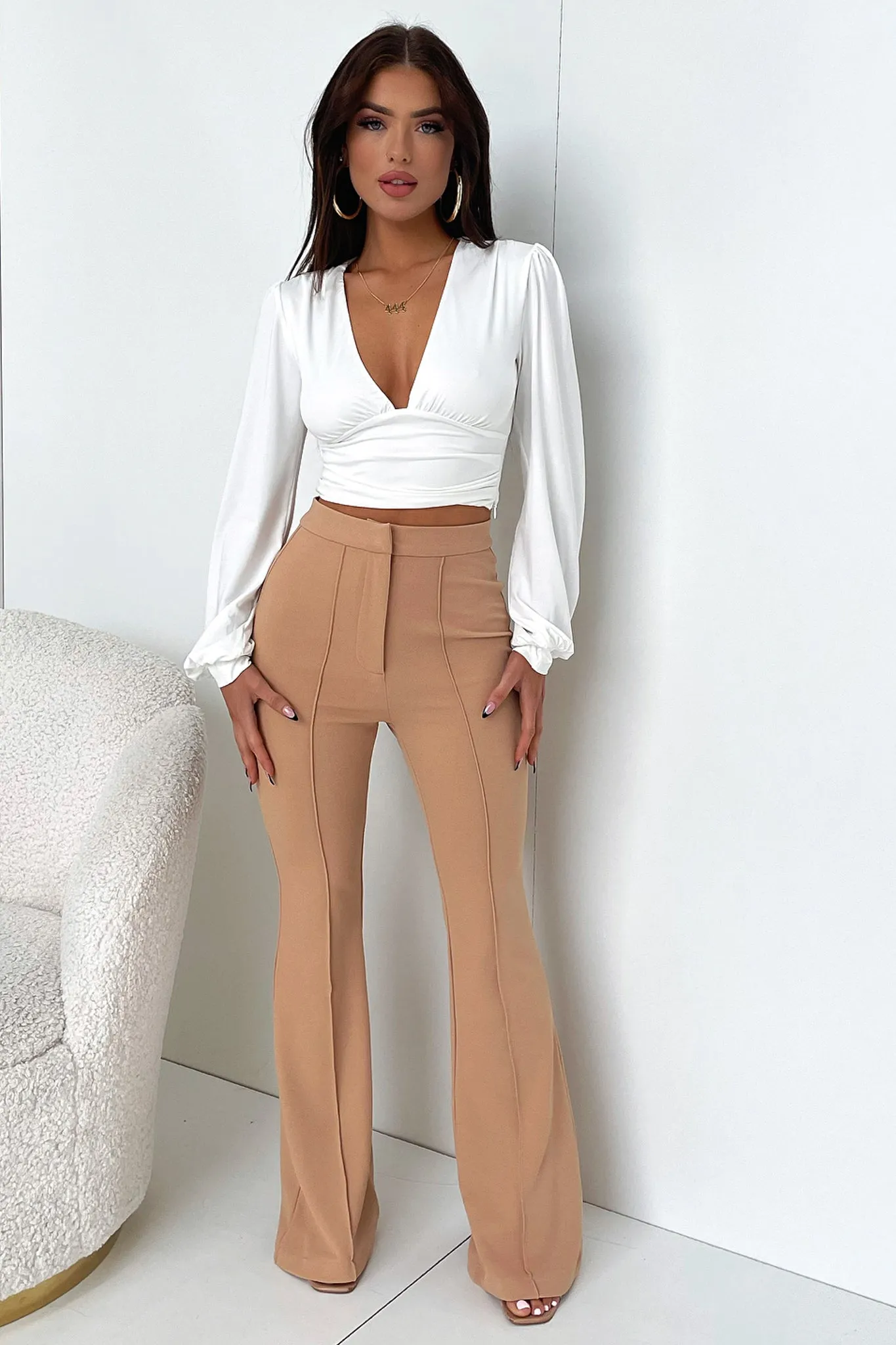 Trendy Comfort Token Flare Pants - Tan