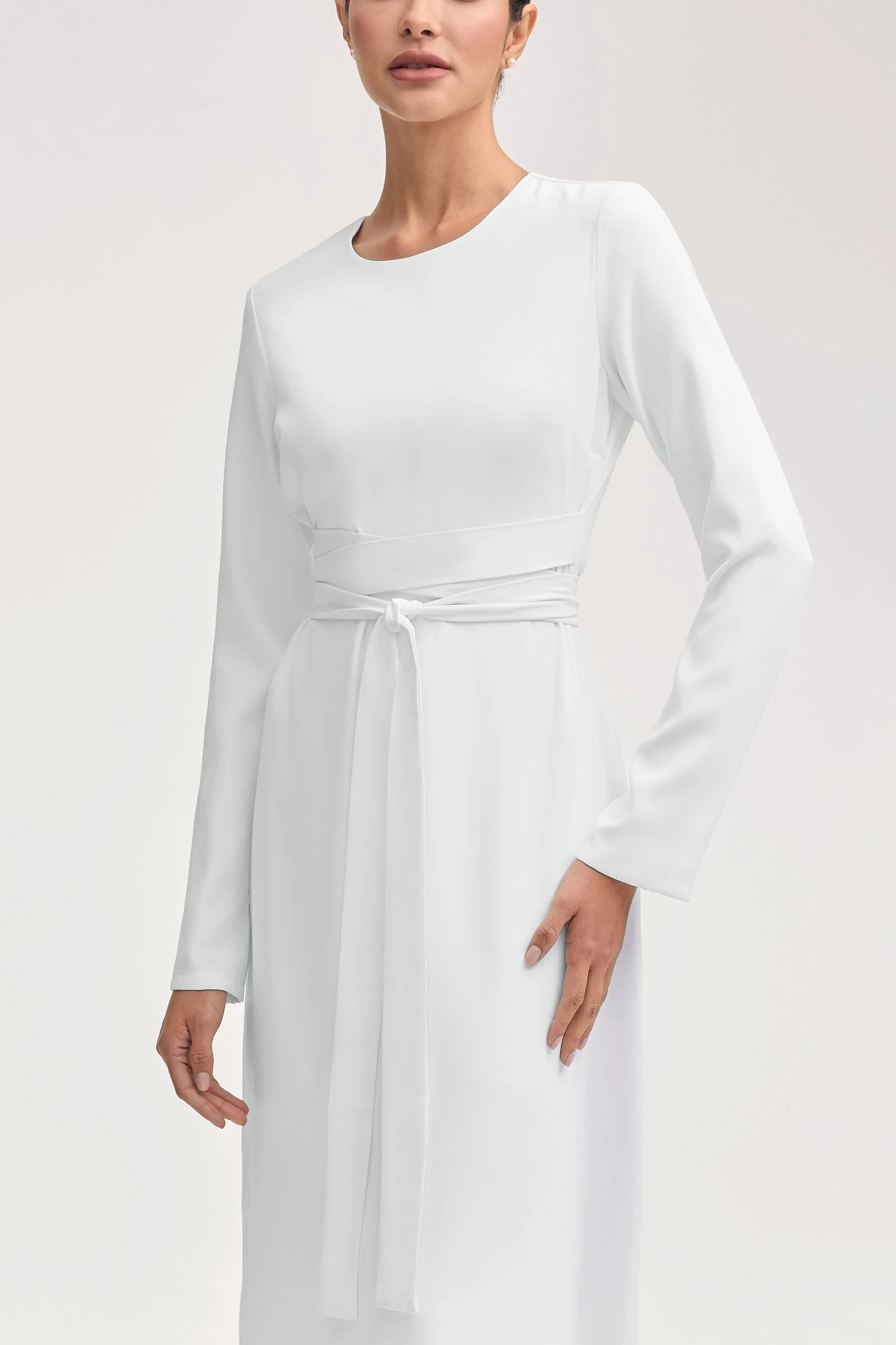 Trendy Garb Asalah Wrap Waist Maxi Dress & Abaya Set - White