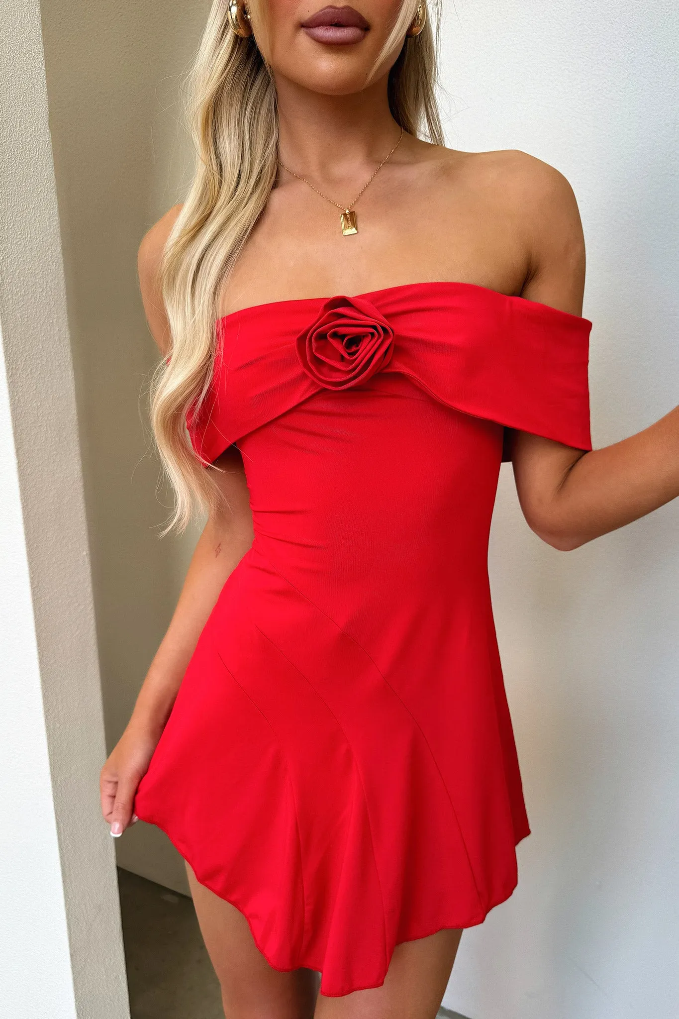 Tweed Warm Kirsten Off Shoulder Mini Dress - Red