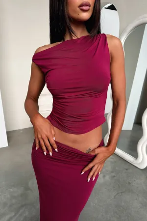 short term projects water storage Vamika Off Shoulder Ruched Top- Burgundy