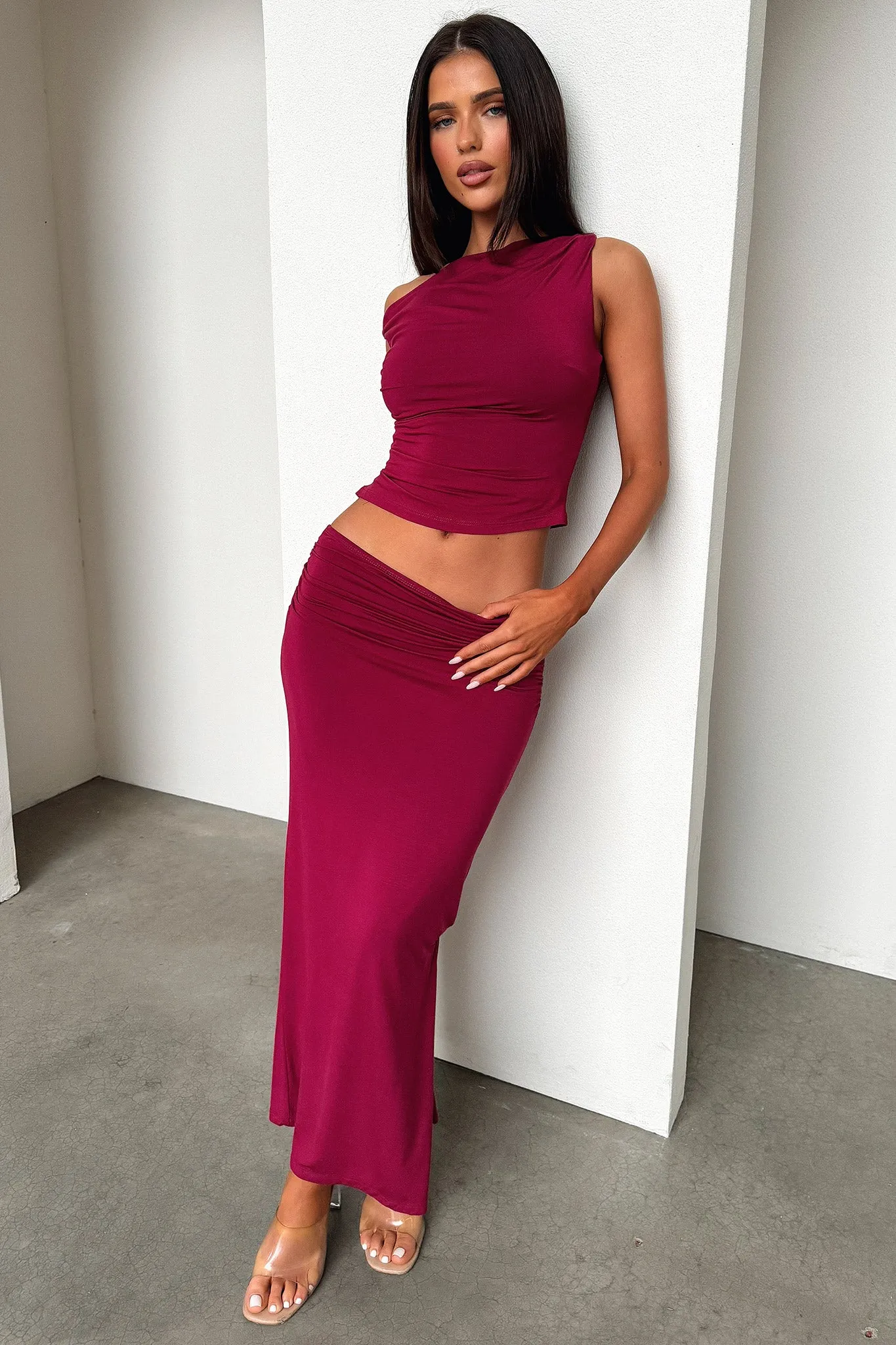 Vamika Off Shoulder Ruched Top- Burgundy Balanced Design