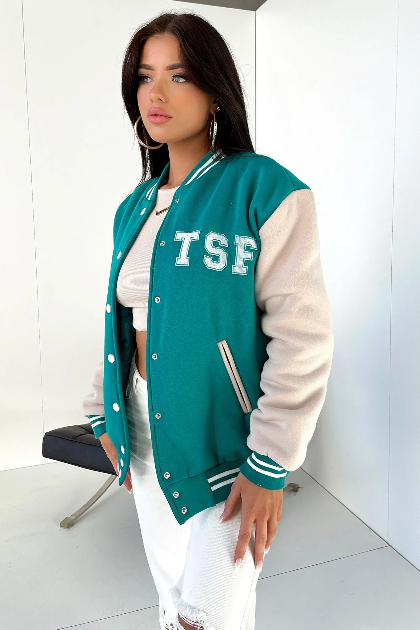 Varsity Oversized Jacket - Teal / Beige Sleek Fit Comfort