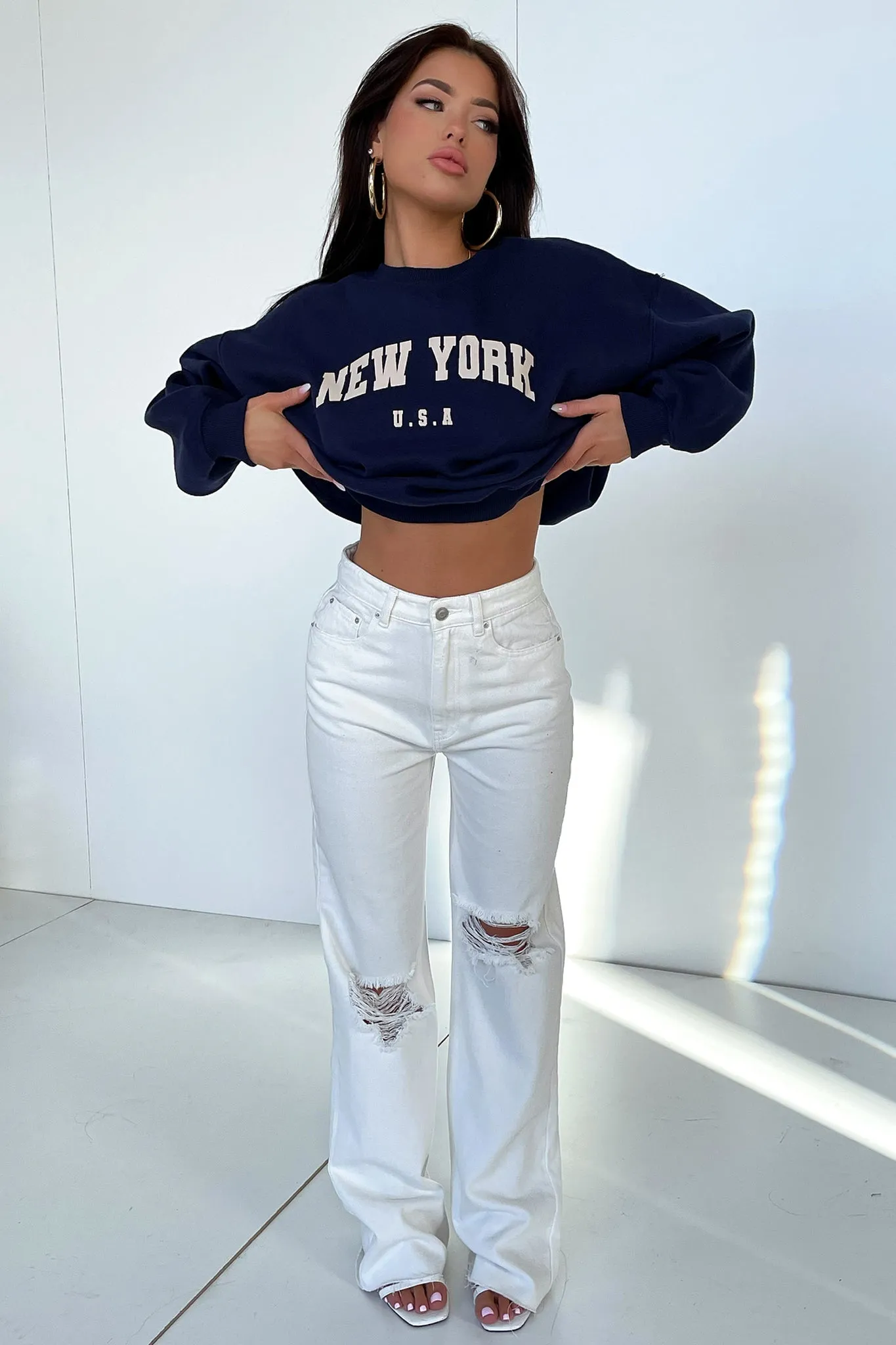 Korean design Varski Semi-Wide Leg Jeans - White