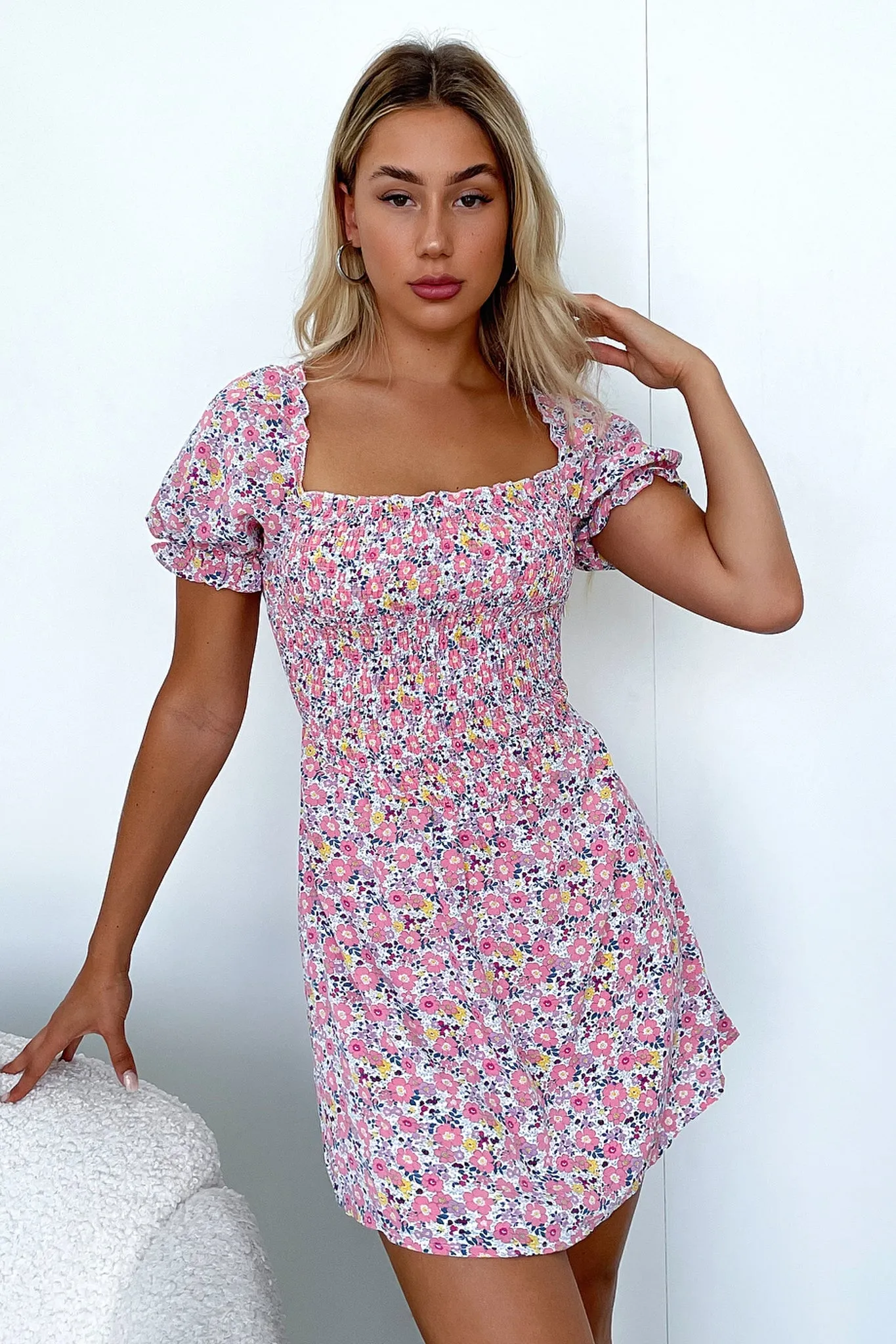 Vinnie Dress - Pink Floral Topstitch Trim