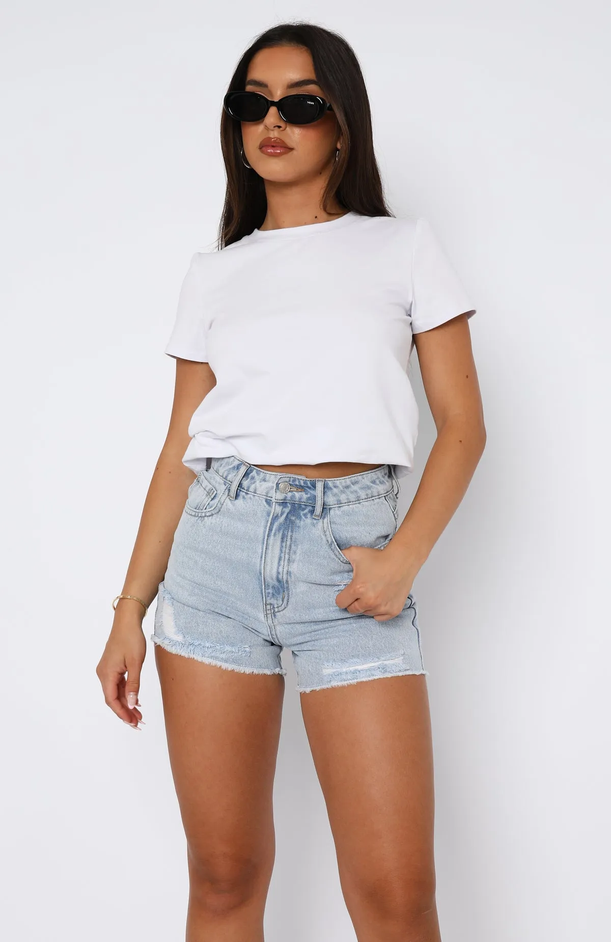 Vintage Aged What Are We Denim Shorts Powder Blue Wash