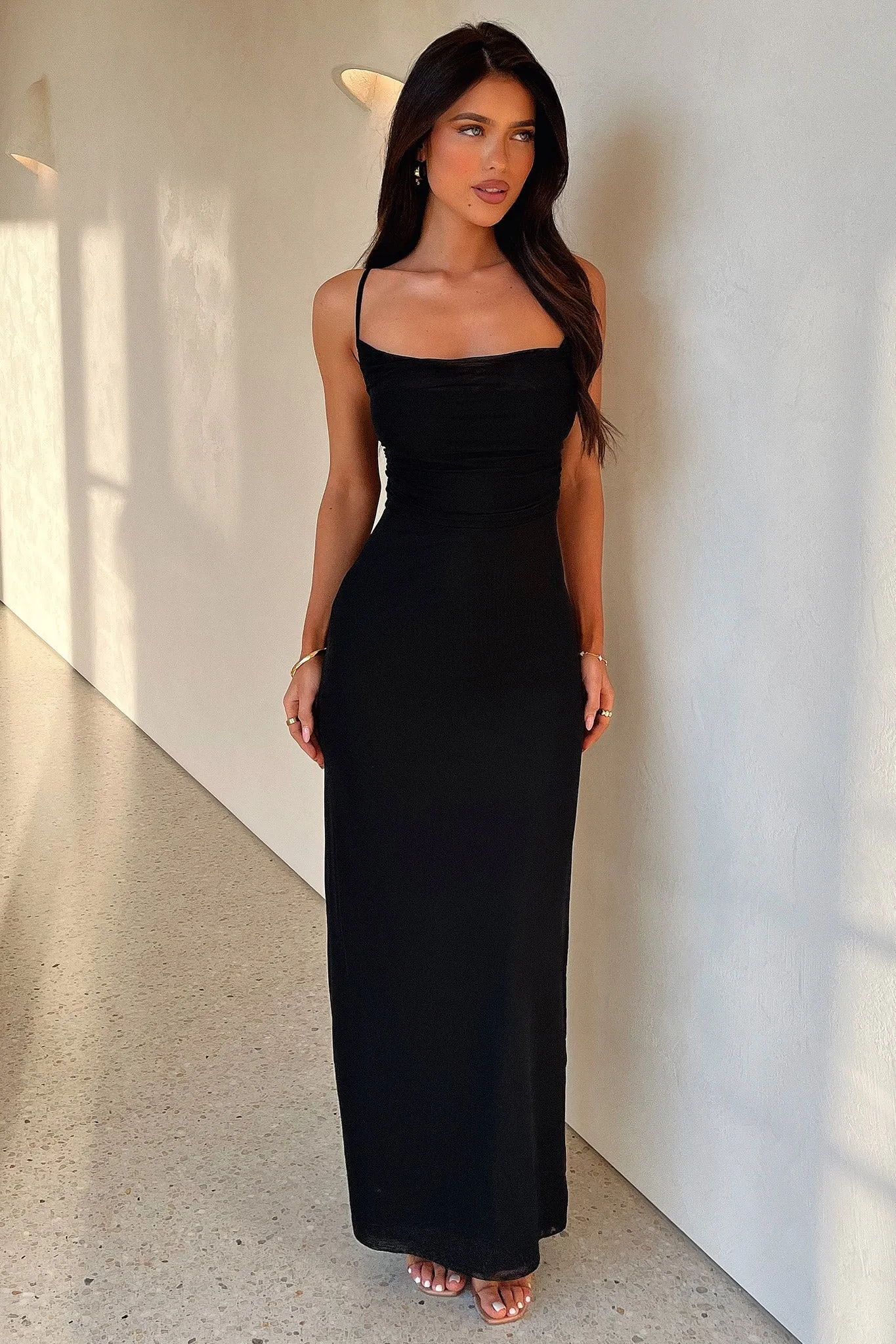 Waist Cinch Nadine Lace-Up Back Maxi Dress - Black