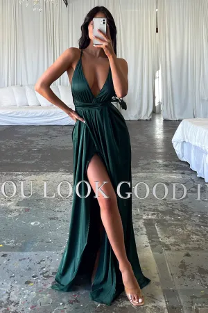 Flowing Design Silky-Lining Scarlett Dress - Emerald Green