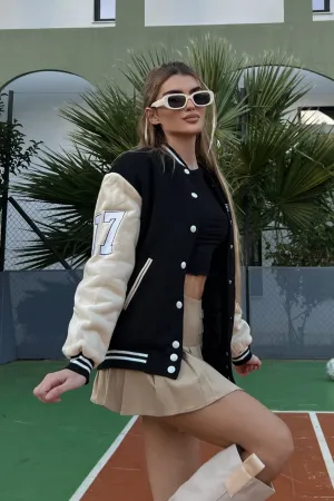 Varsity Jacket - Black/Beige Adventure Day Look