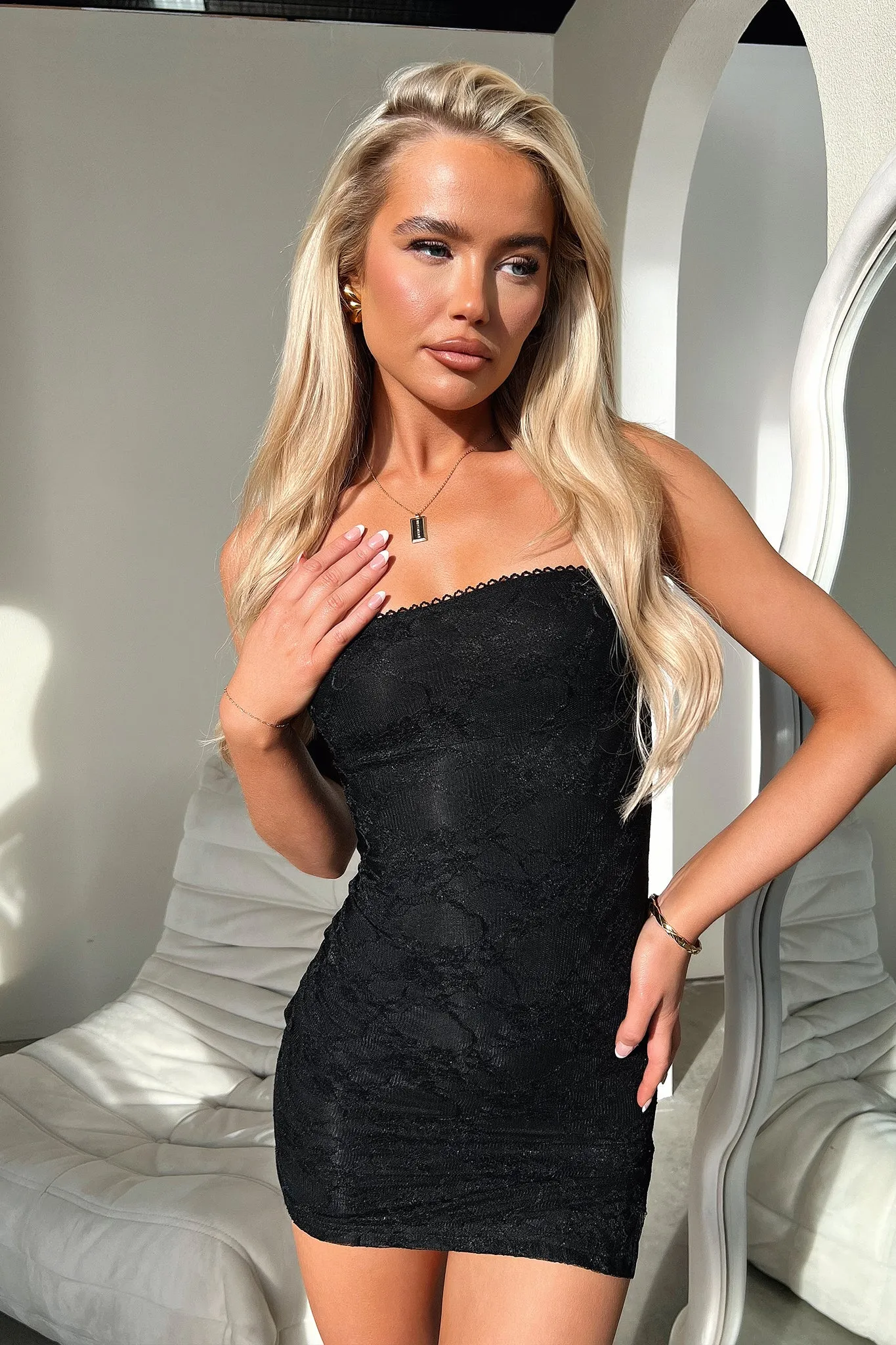 Wave Hem Sedona Lace Strapless Mini Dress - Black