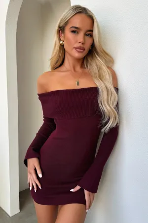 Aaliyah Off Shoulder Knit Mini Dress - Burgundy Pop Star Trend Edge