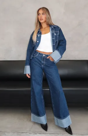 Charlotte Mid Rise Wide Leg Jeans Dark Indigo Street Fashion