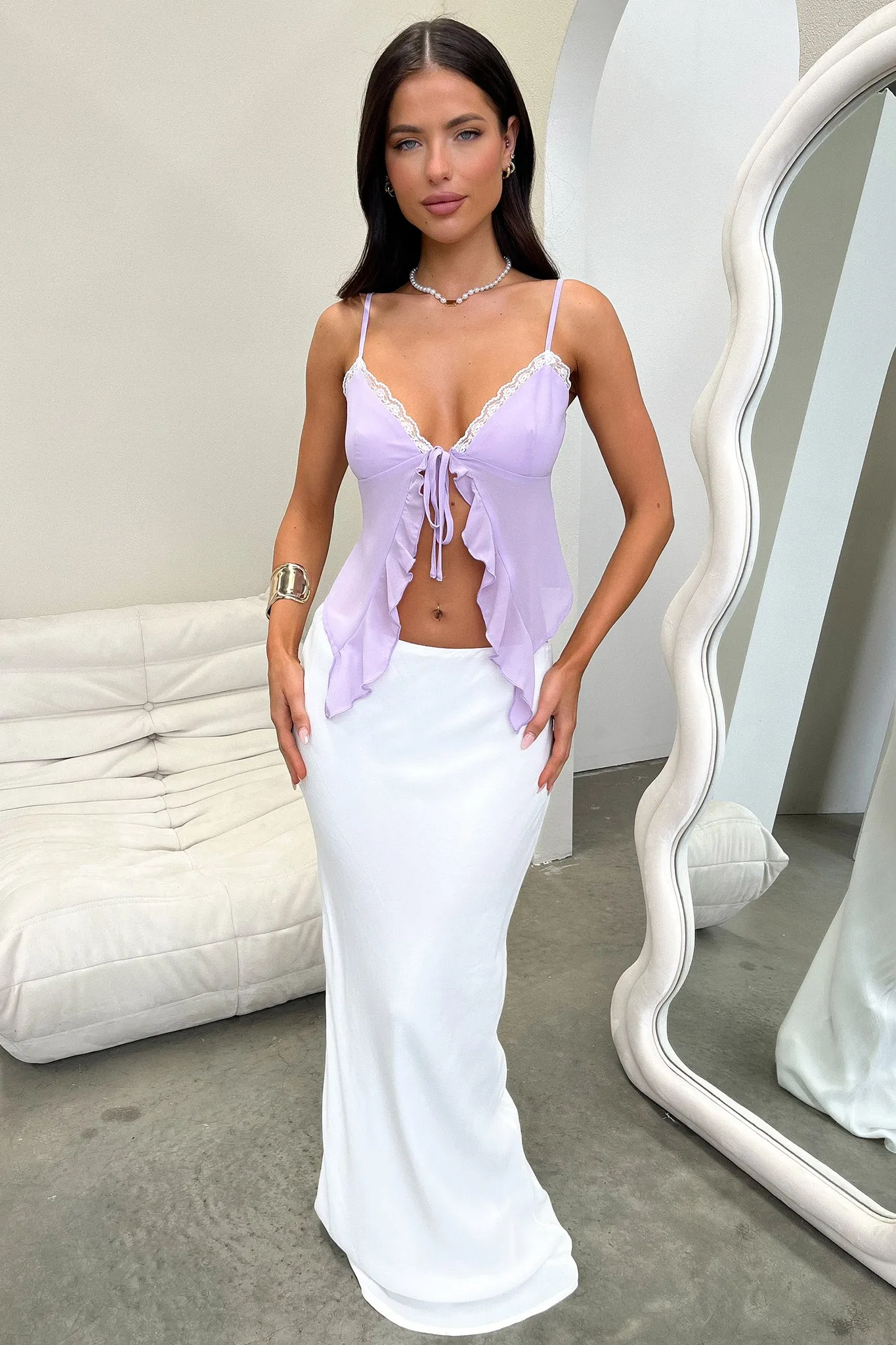Wide opening Bridget Lace Trim Tie Front Top - Lilac