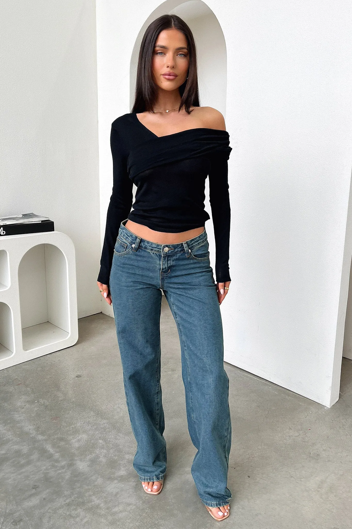 Workout Ready Rochelle Off Shoulder Long Sleeve Top - Black