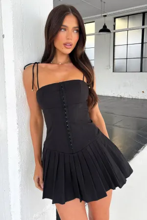 Yaz Pleated Mini Dress - Black Walk Light