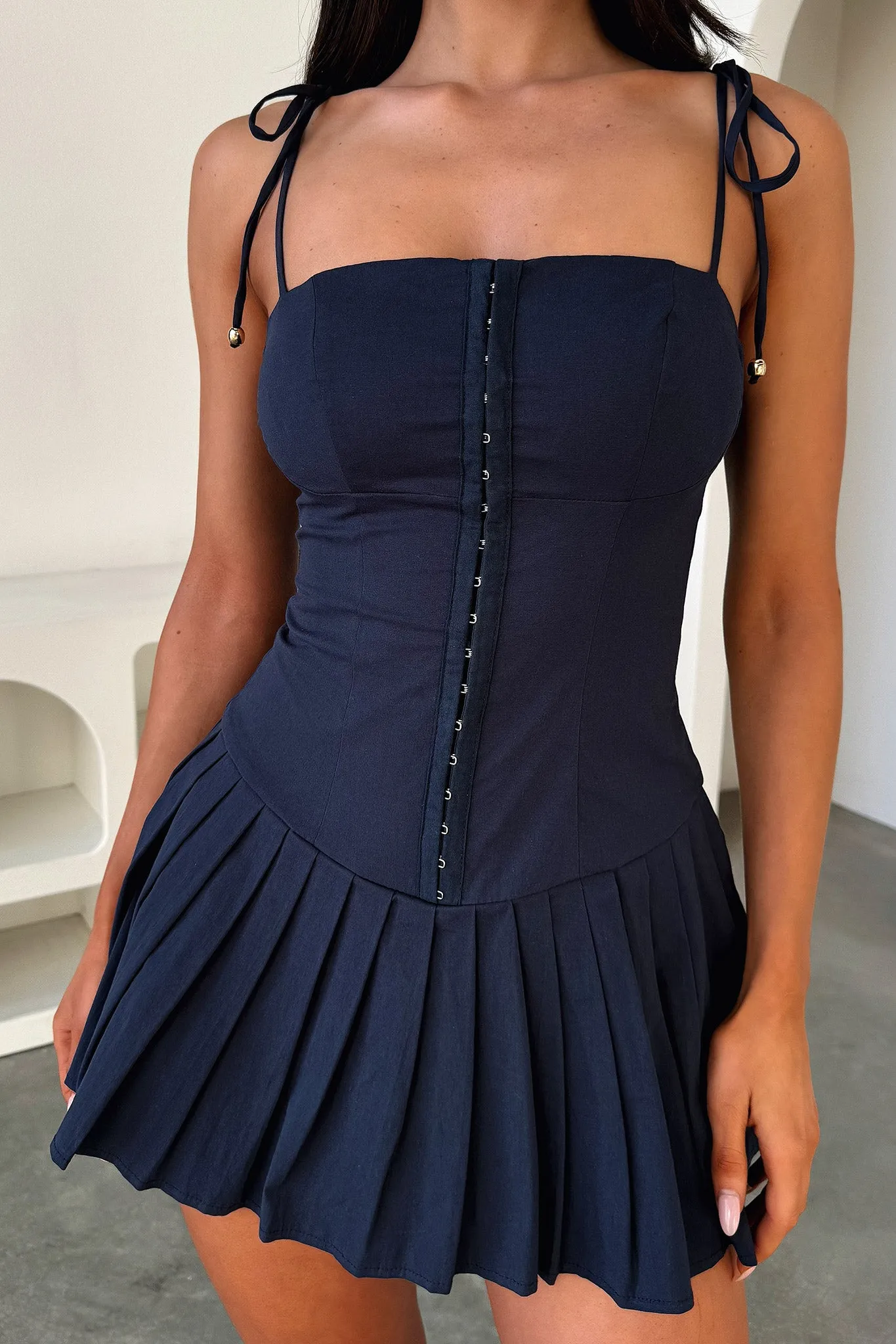 Yaz Pleated Mini Dress - Navy Matte Finish