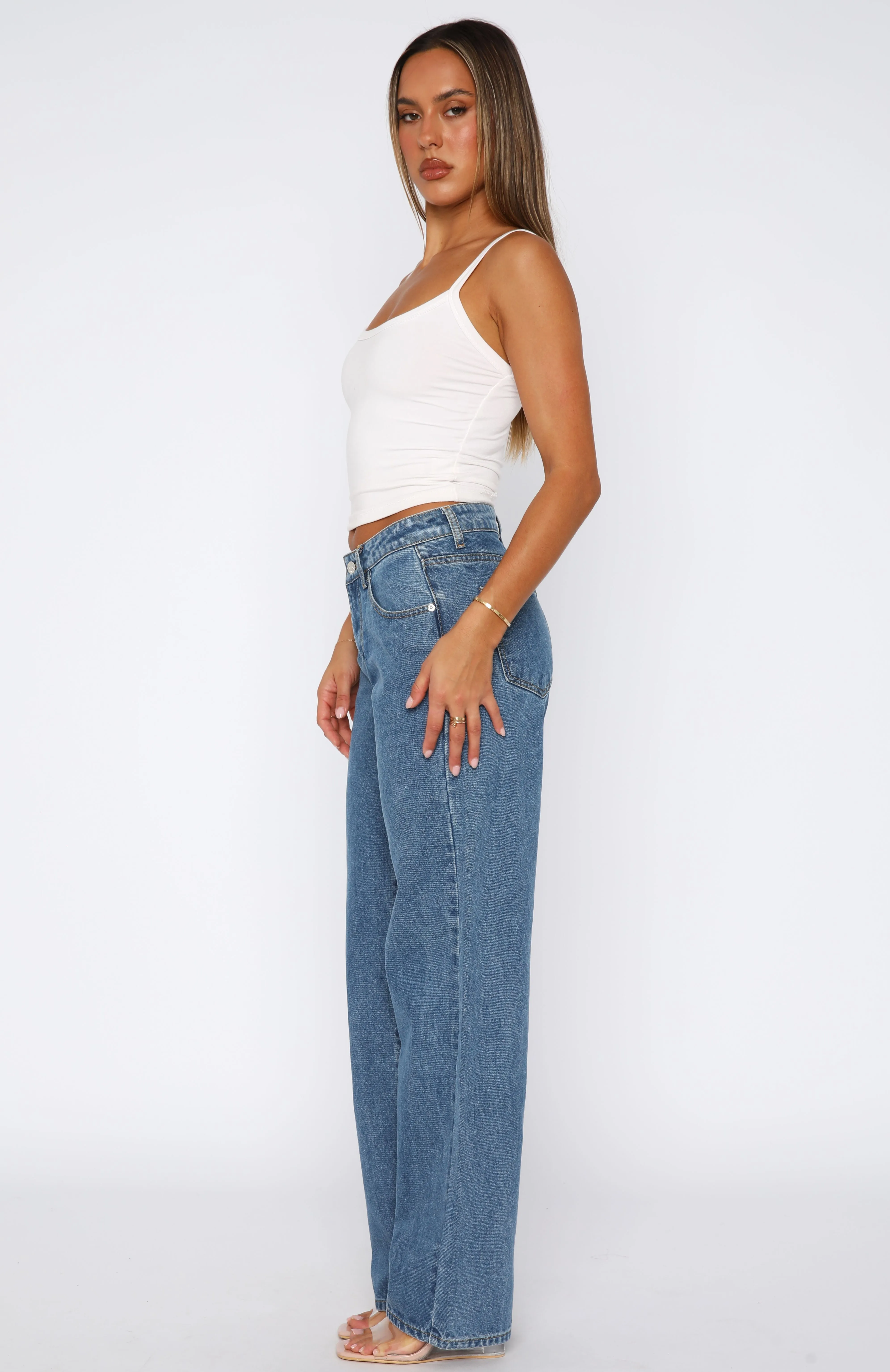 Zara Mid Rise Straight Leg Jeans Admiral Blue Embroidery Decoration