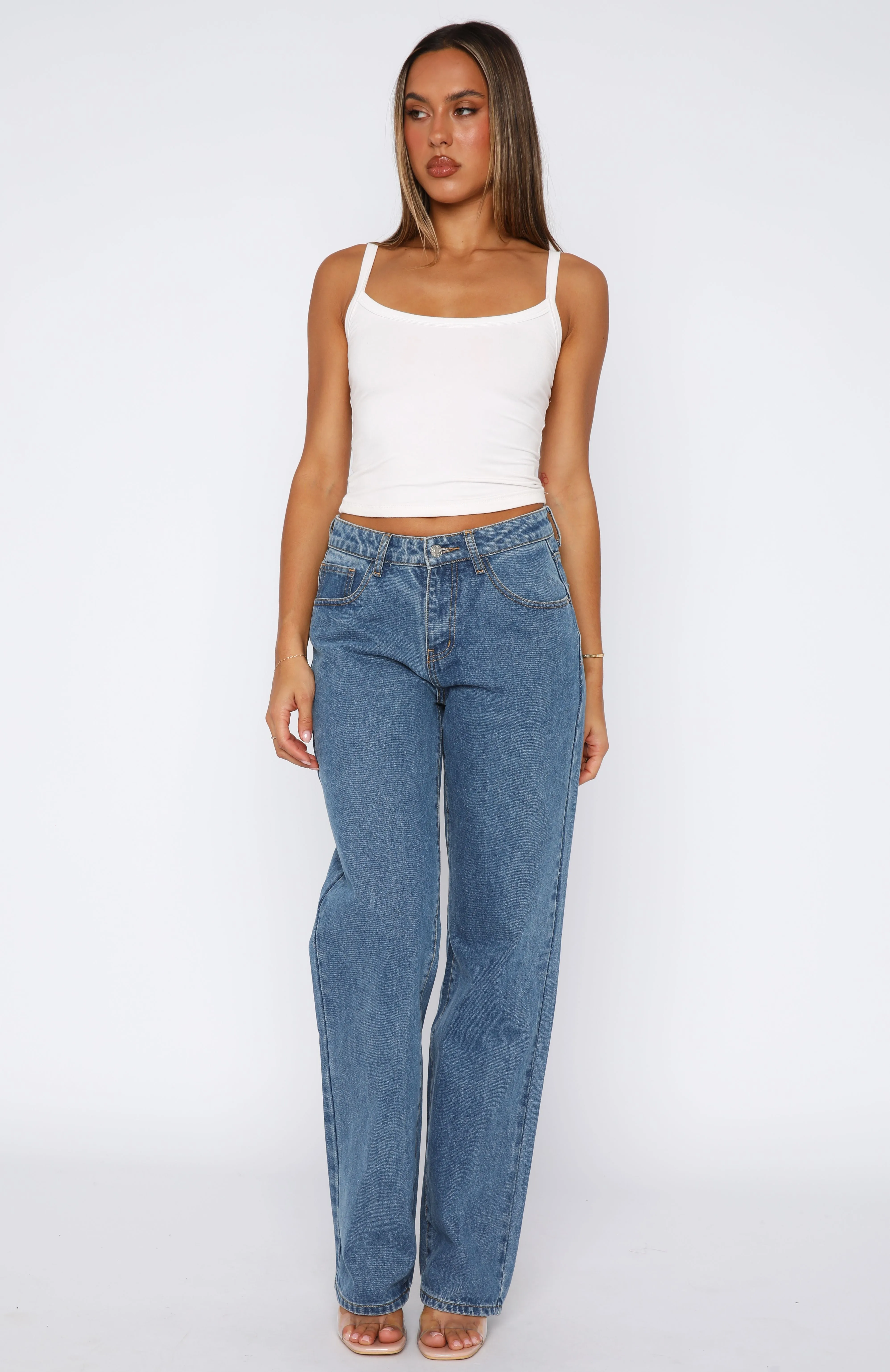 Zara Mid Rise Straight Leg Jeans Admiral Blue Embroidery Decoration