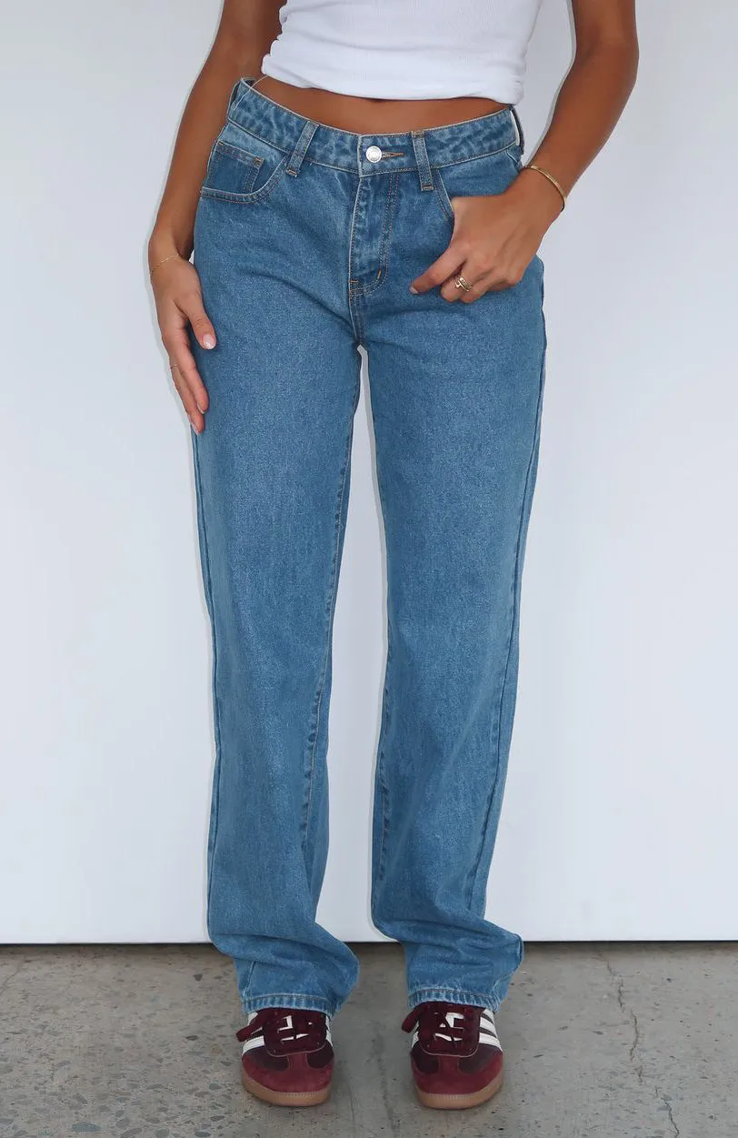 Zara Mid Rise Straight Leg Jeans Admiral Blue Embroidery Decoration