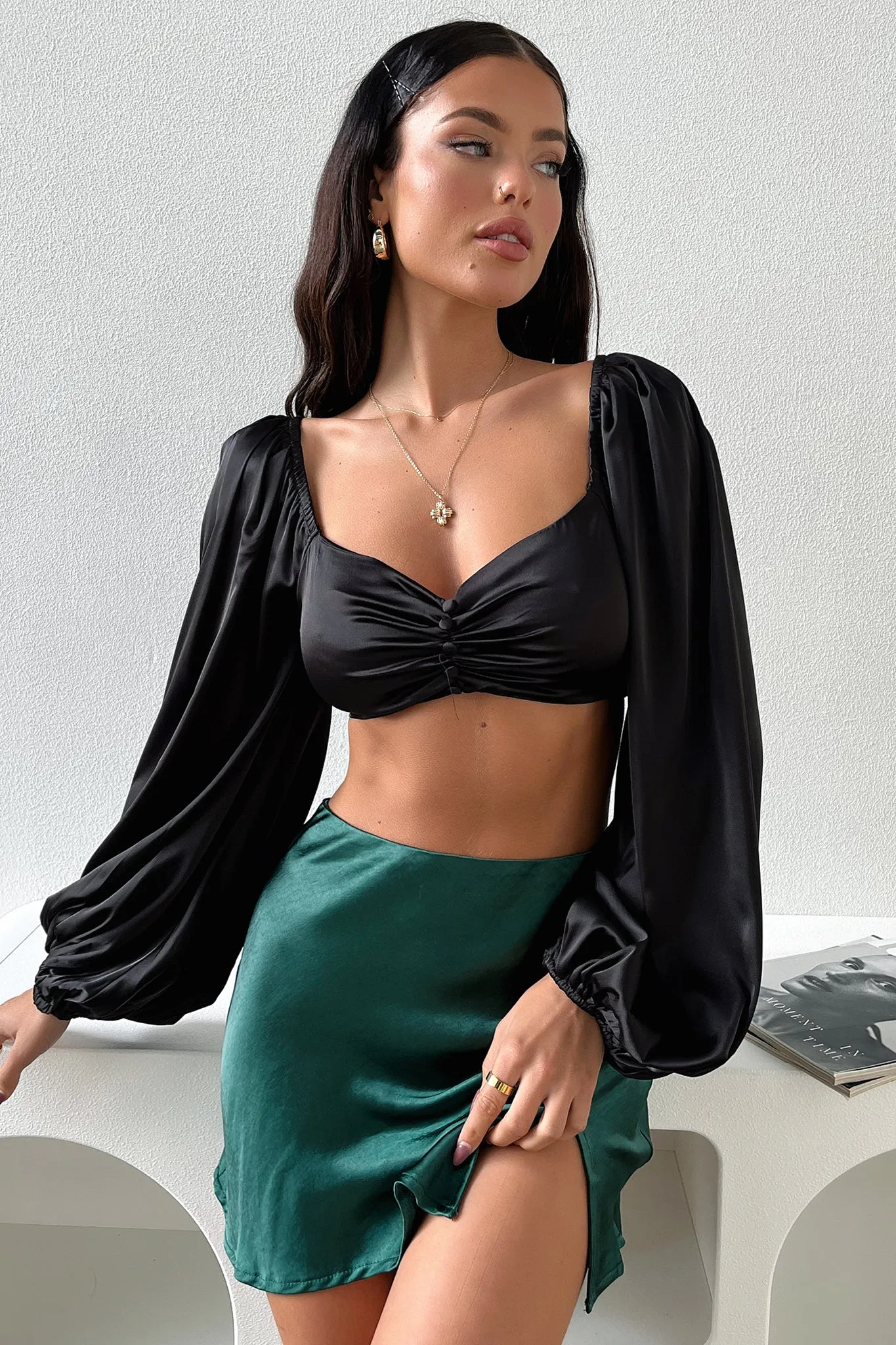 Zara Silk Mini Skirt - Emerald Refined Line