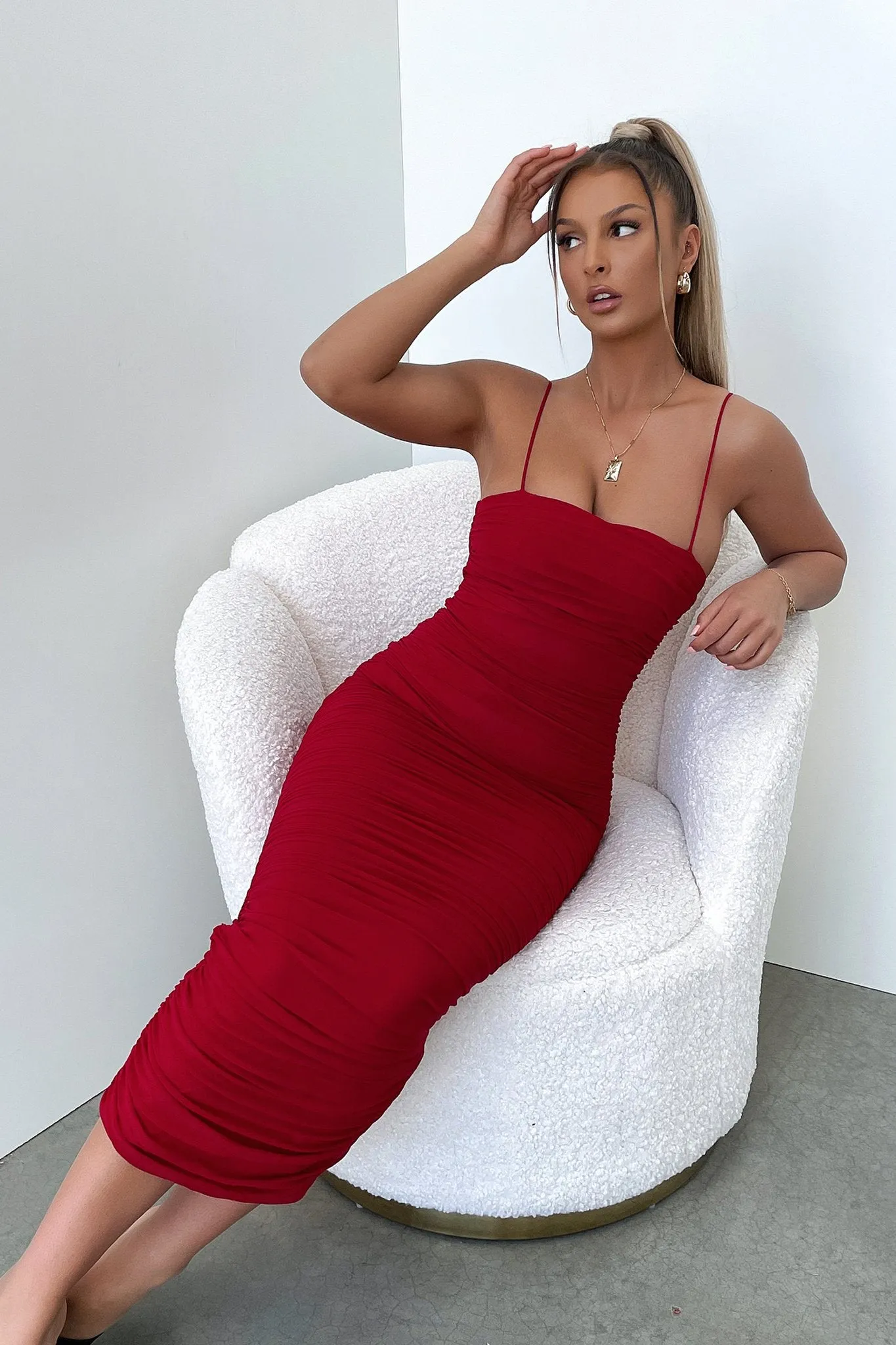 petite size Zena Mesh Full Length Dress - Burgundy
