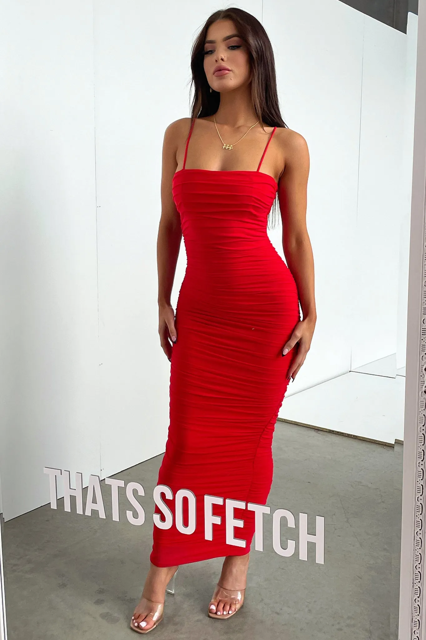 Zena Mesh Full Length Dress - Red Cool Wear