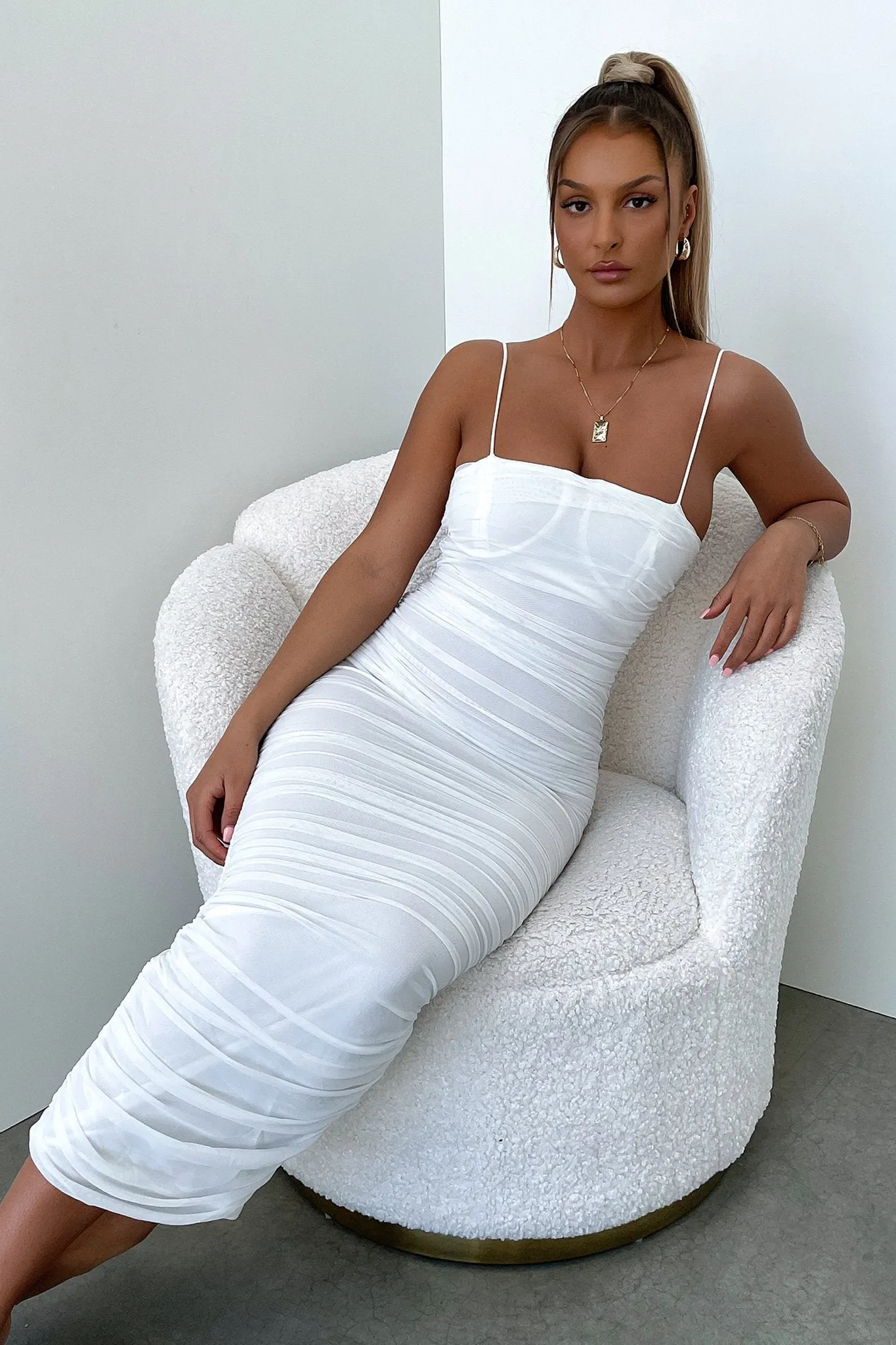Zena Mesh Full Length Dress - White single layer