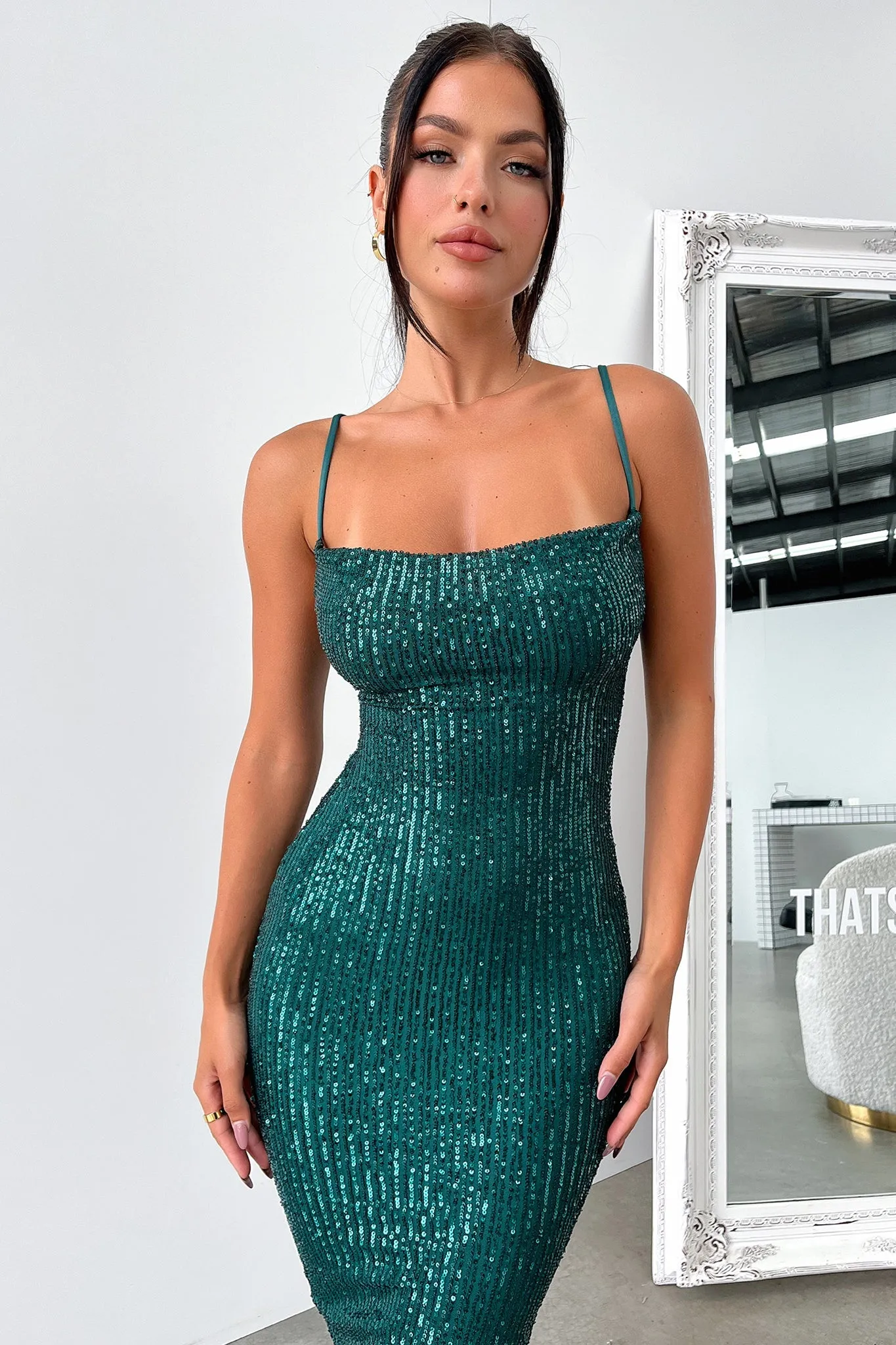 Zipper Pocket Brylee Midi Dress - Emerald Sequin