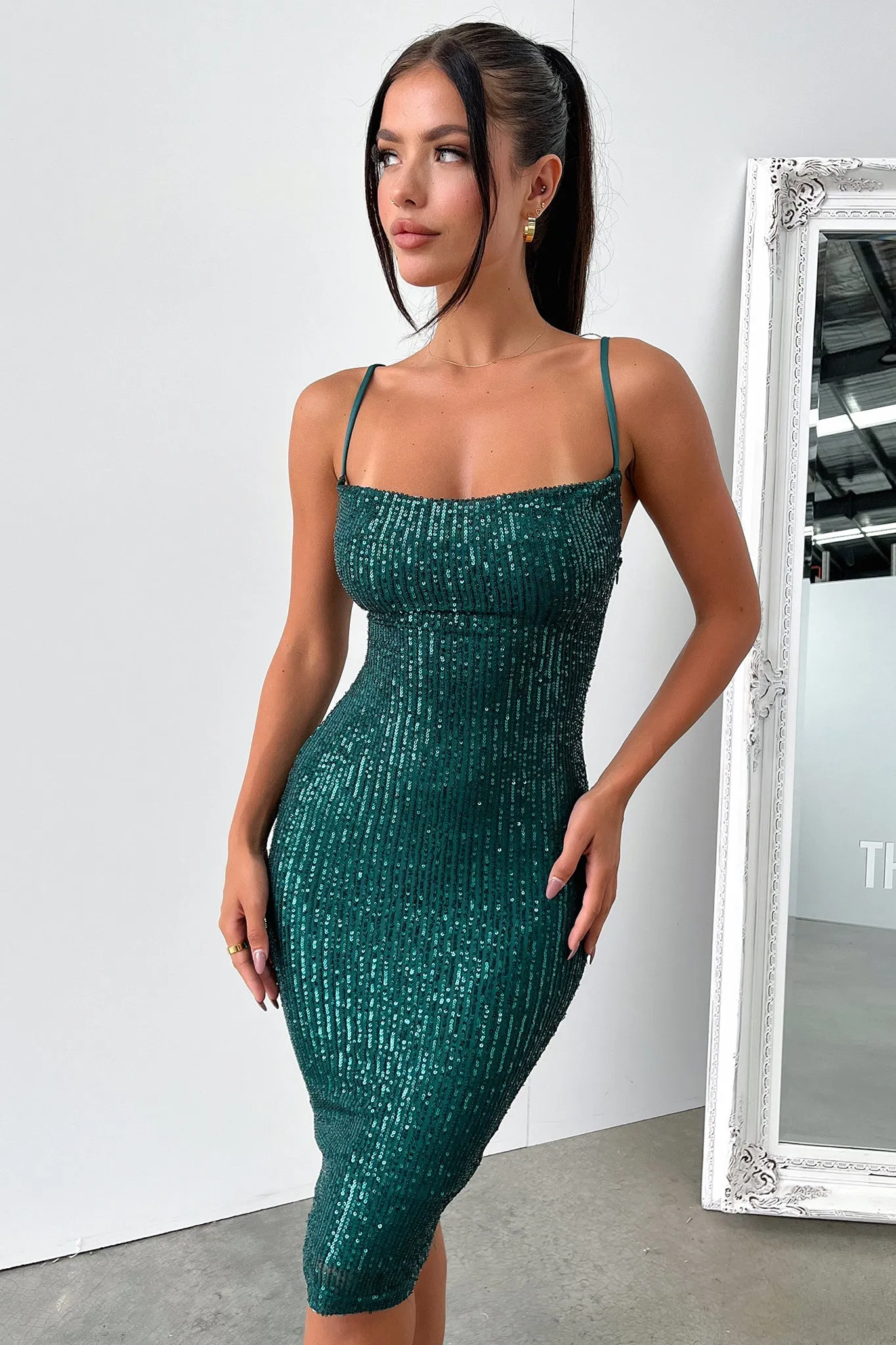 Zipper Pocket Brylee Midi Dress - Emerald Sequin