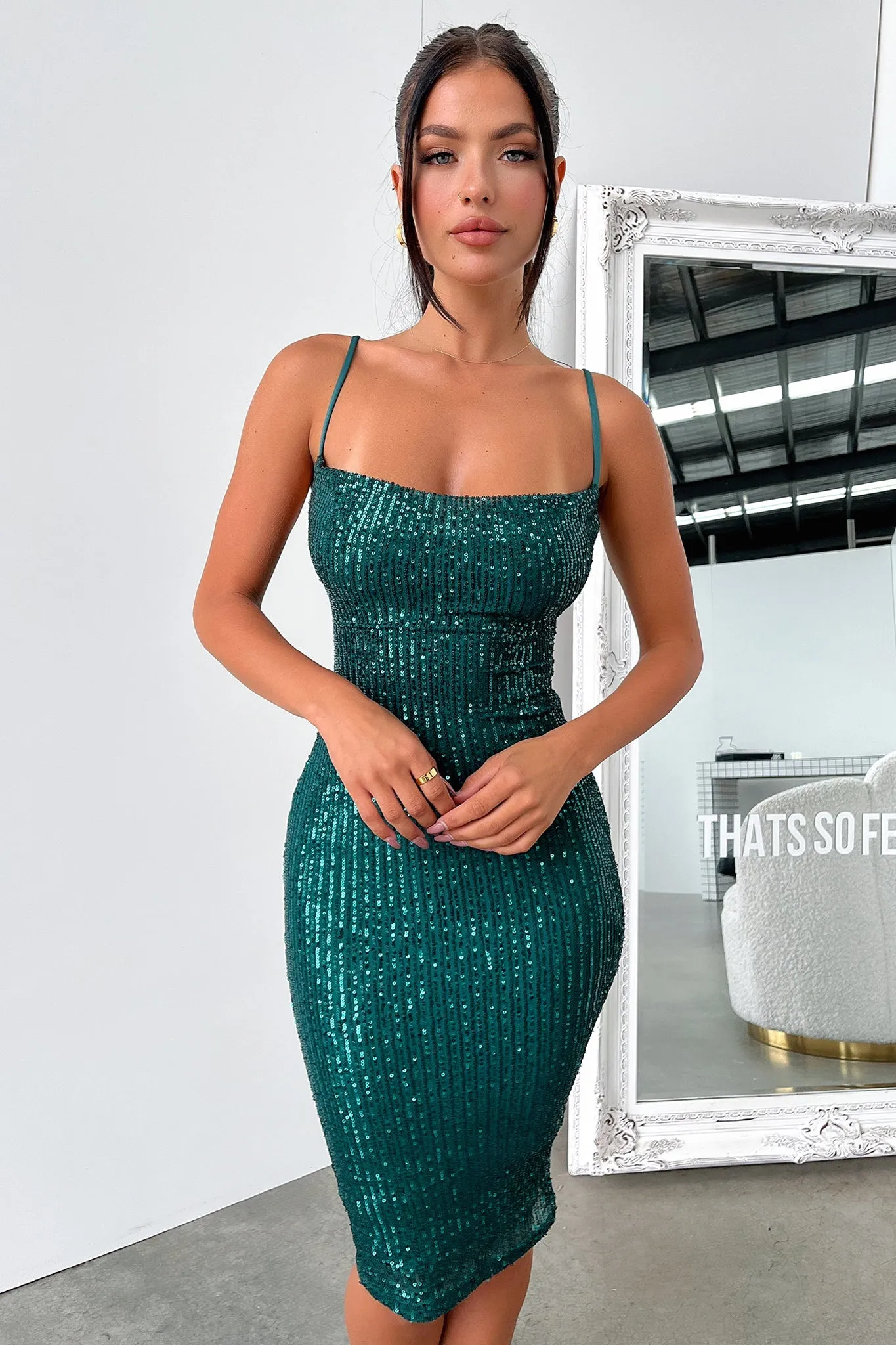 Zipper Pocket Brylee Midi Dress - Emerald Sequin